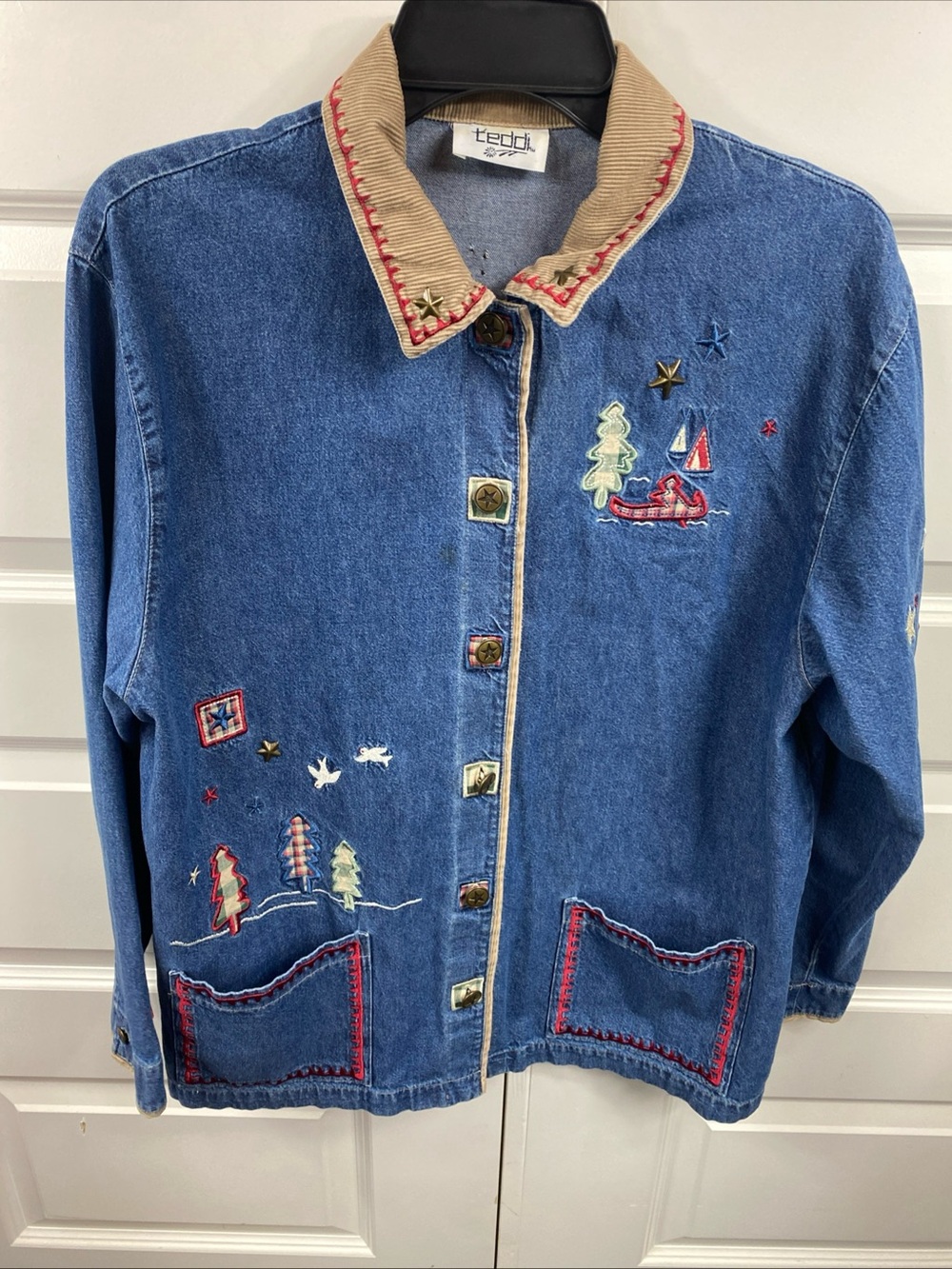 Vintage Denim Embroidered Jacket Camping Button Blue Cottagecore Gorpcore Large - Picture 10 of 10